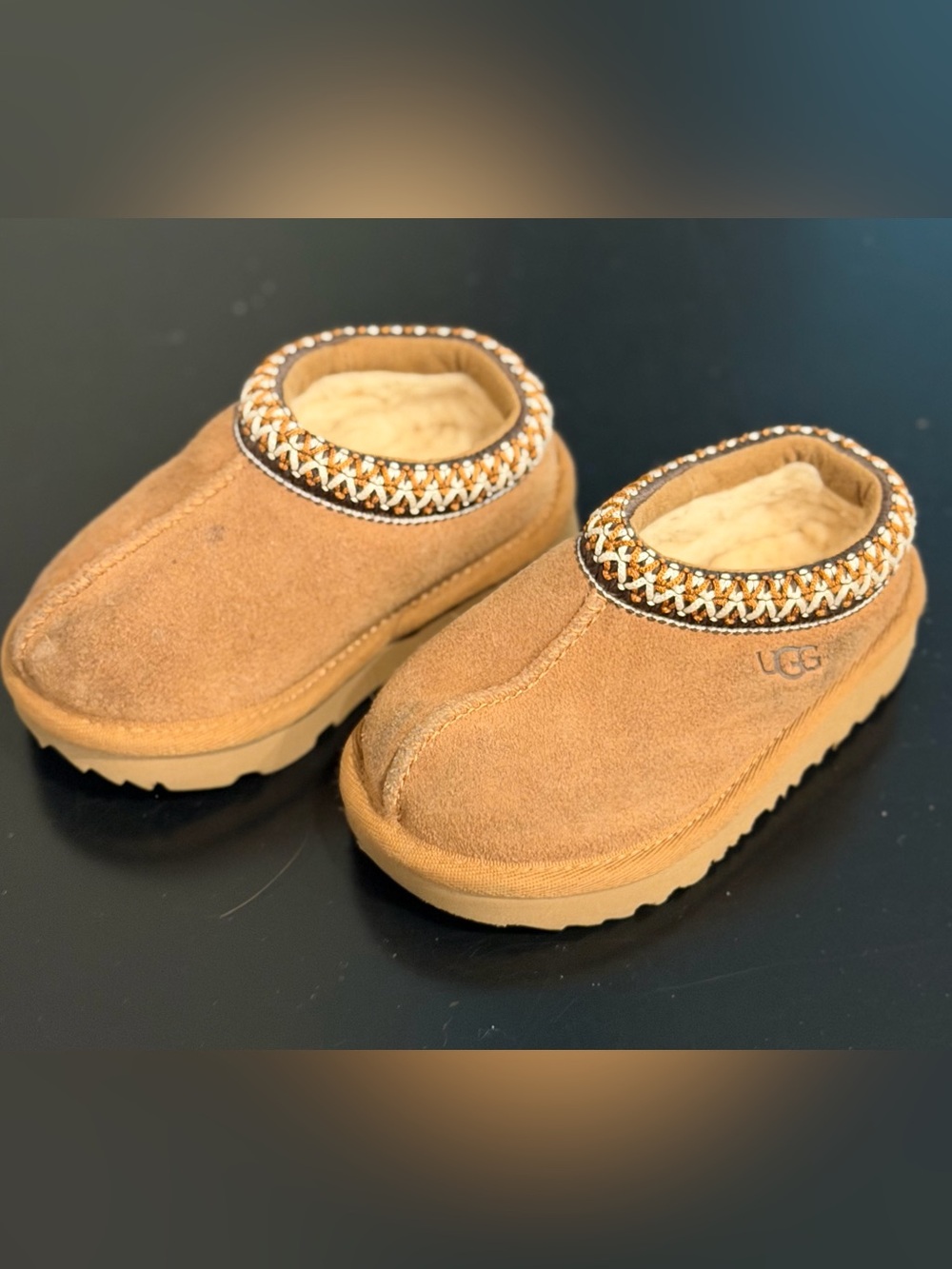 UGG Kids Chestnut Suede Slip-On Moccasins with Woven Trim